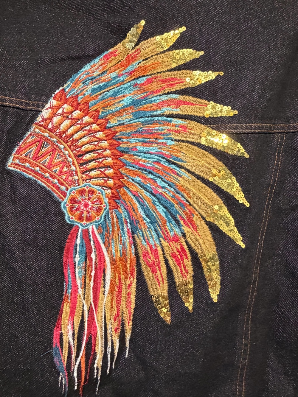 NWT Black Embroidered Denim Jacket with Colorful Headdress - Picture 3 of 10